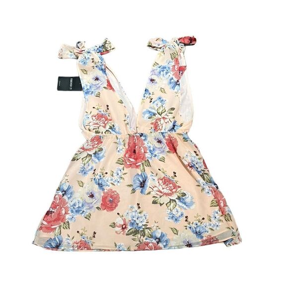 Forever 21 Women’s Peach Mulitcolor Floral V-Neck Tie Shoulder Top, Size 2, NWT - Picture 1 of 10